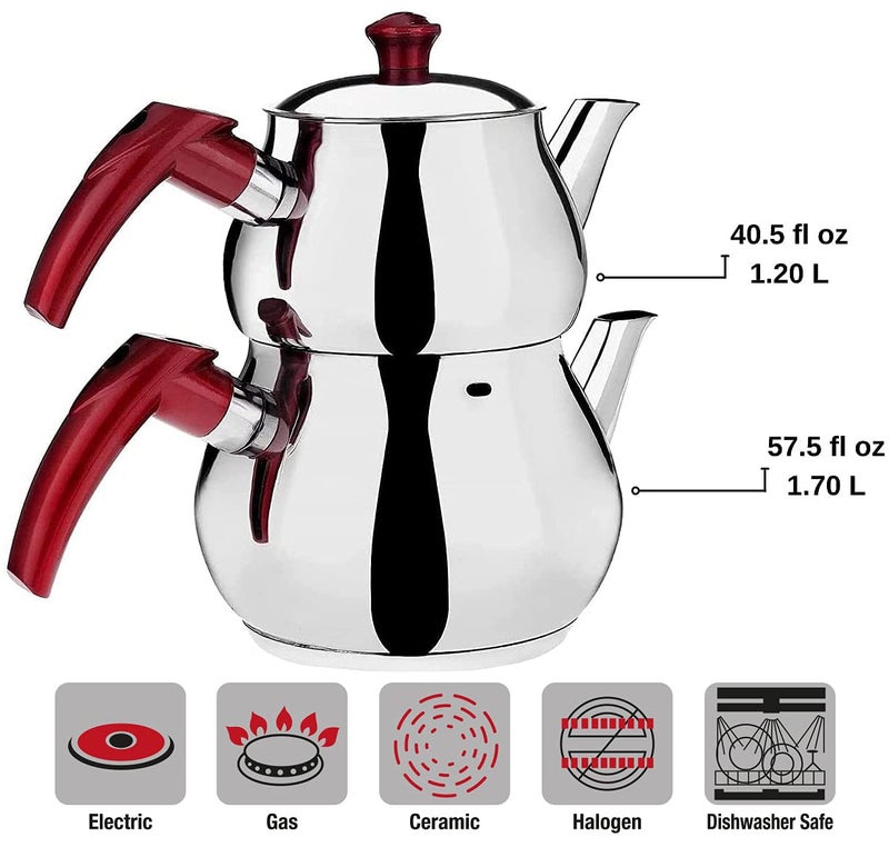 DESTALYA Turkish Teapot Set | Stainless Steel Double Tea Pots for Stove Top | Tea Maker with Strainer | Samovar Tea Kettle, Water Heater (Midi with Red Handles) - Image 3